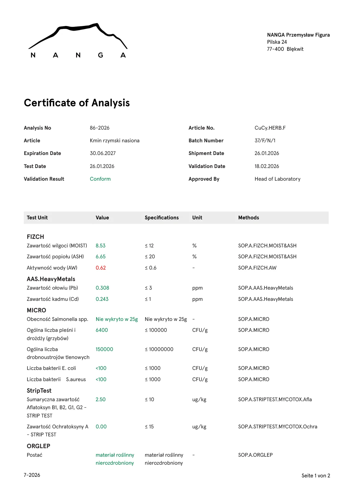 Certyfikat analizy