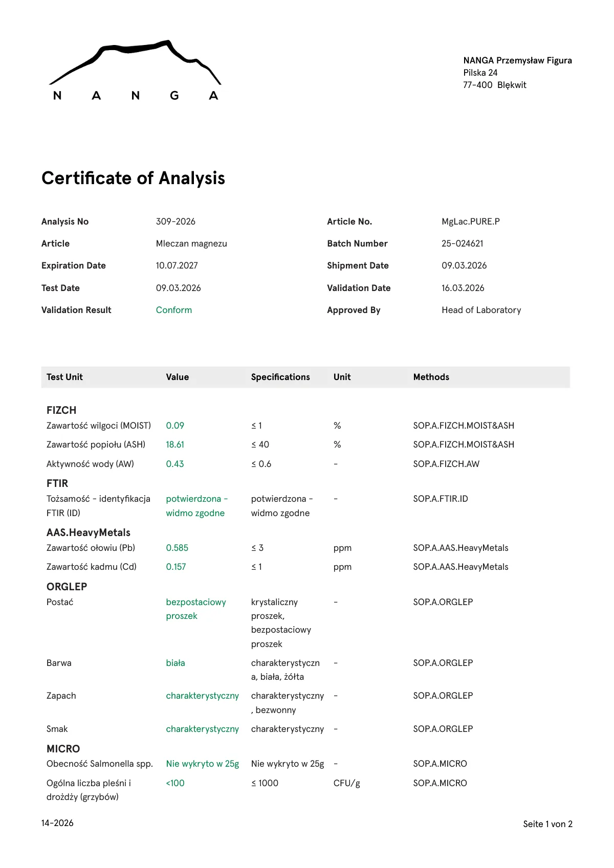 Certyfikat analizy